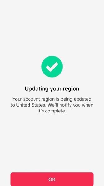 Подтверждение изменения региона в настройках TikTok / Confirmation of a region change in TikTok settings