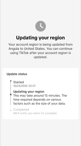 Запрос TikTok на изменение региона аккаунта или контента / TikTok prompt to change the account or content region