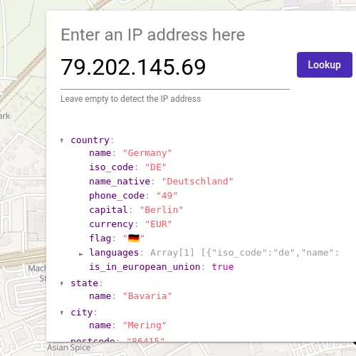 Проверка геолокации IP-адреса с отображением страны и региона / IP address geolocation check showing the country and region