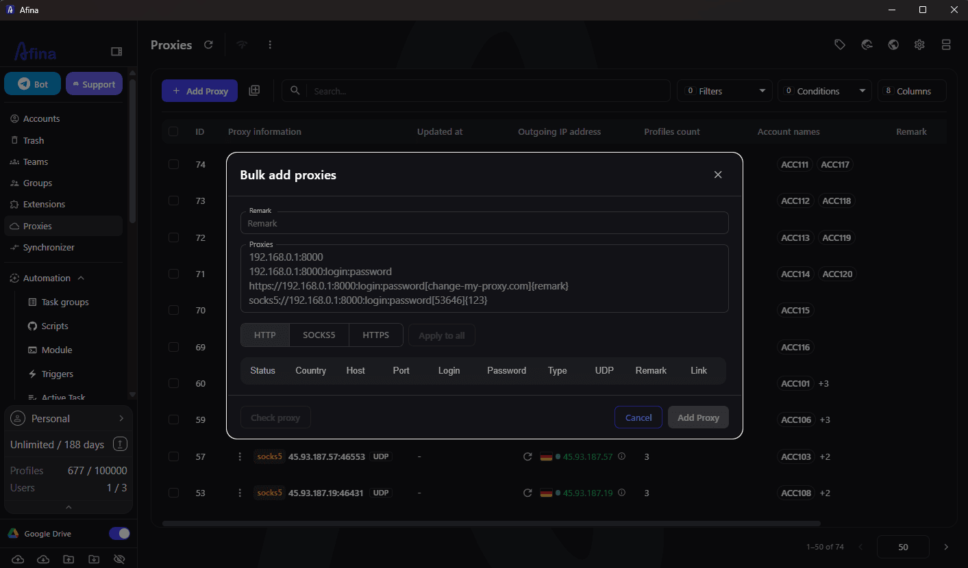 Bulk proxy import in Afina