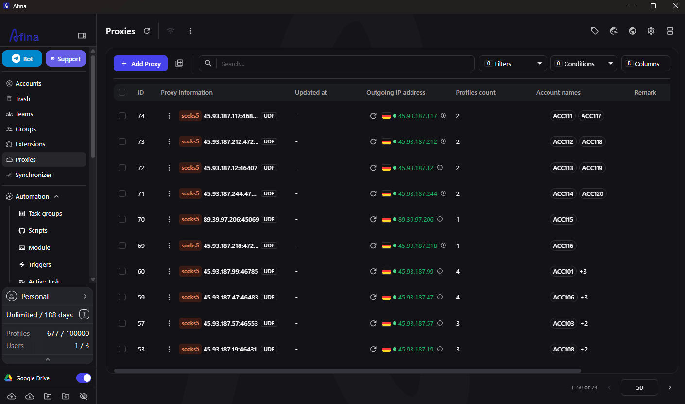 Proxy list with account assignments in Afina
