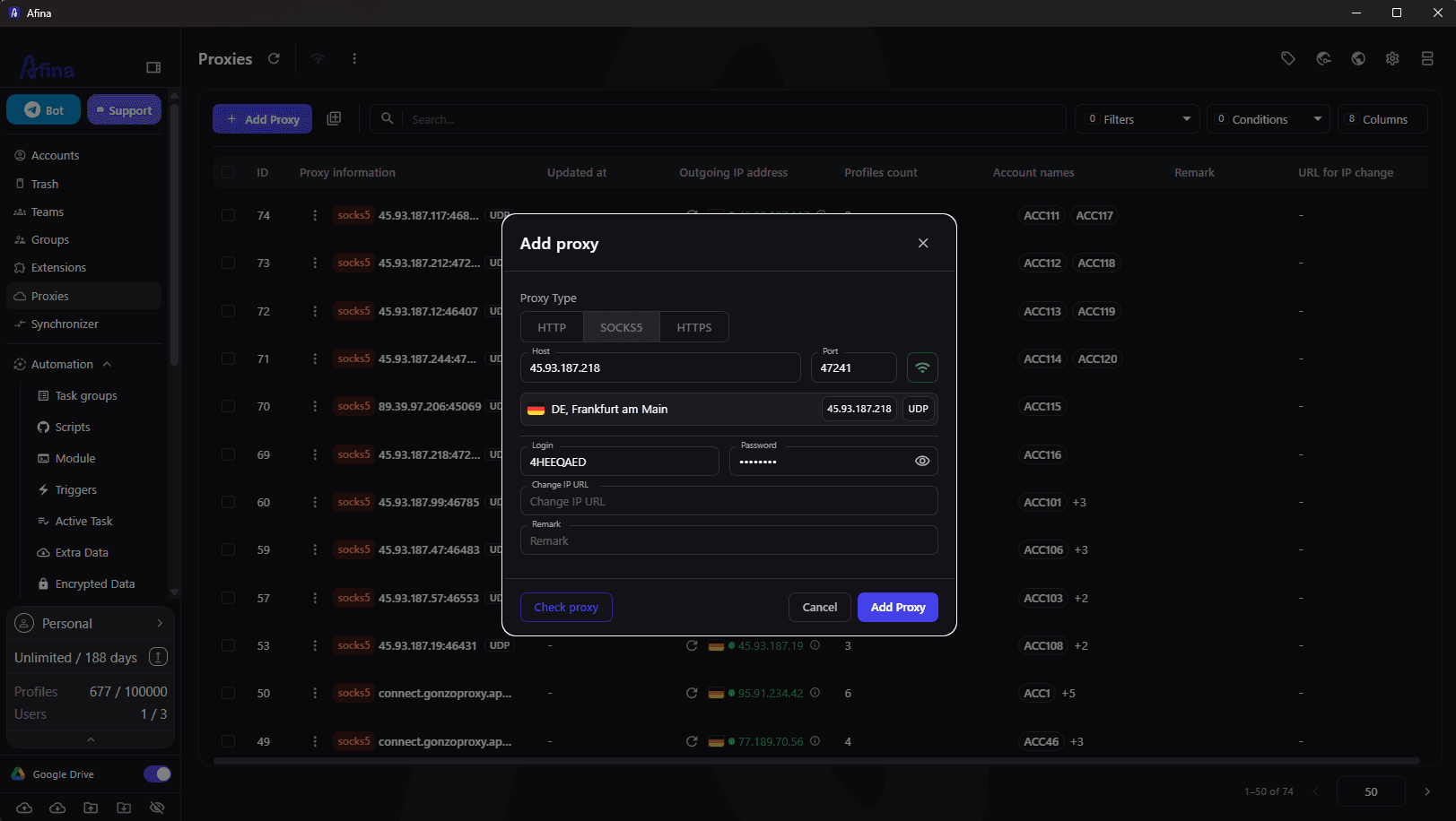 Manual SOCKS5 proxy setup in Afina